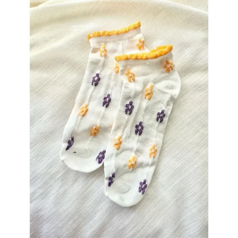 Yellow and purple floral white socks